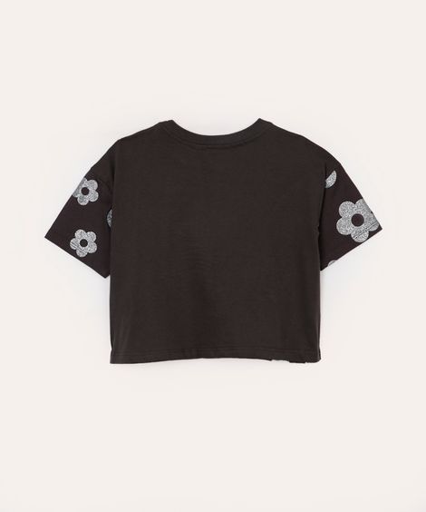 camiseta de algodão infantil floral com paête cinza