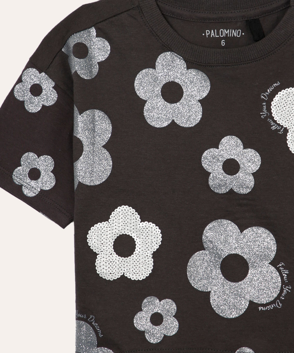 camiseta de algodão infantil floral com paête cinza