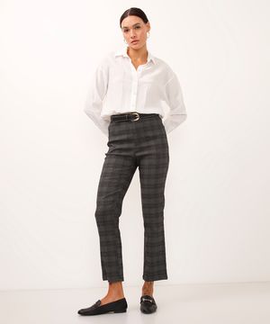 calça skinny de alfaiataria cintura alta xadrez cinza