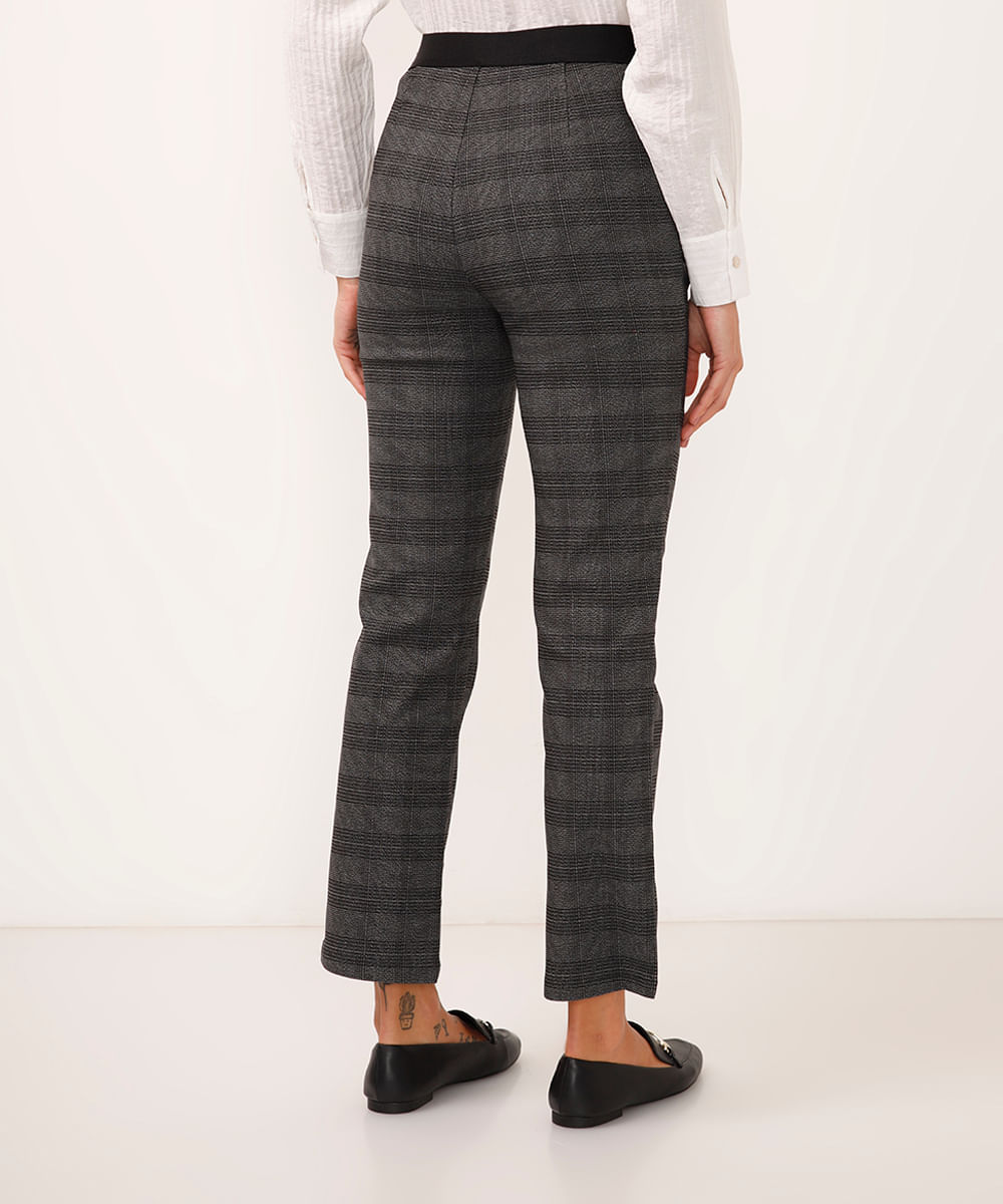 calça skinny de alfaiataria cintura alta xadrez cinza