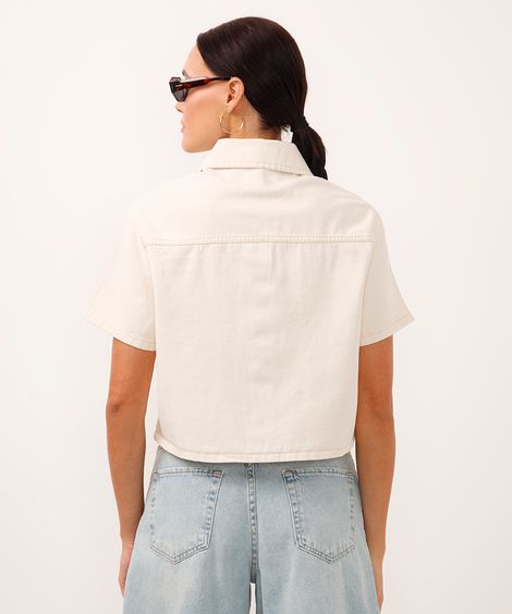 camisa cropped de sarja manga curta bege