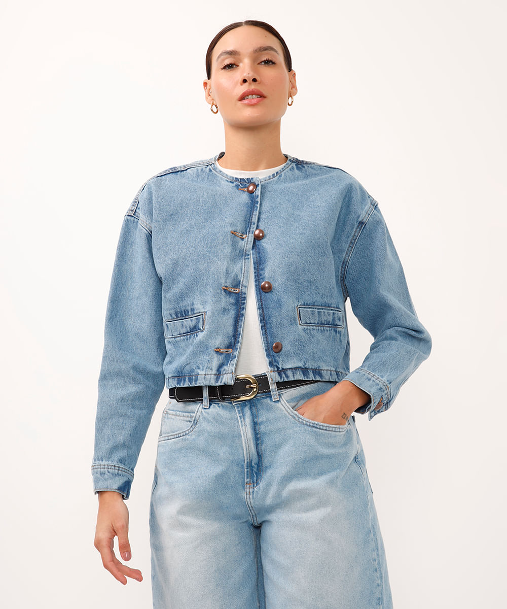 jaqueta cropped jeans decote redondo azul
