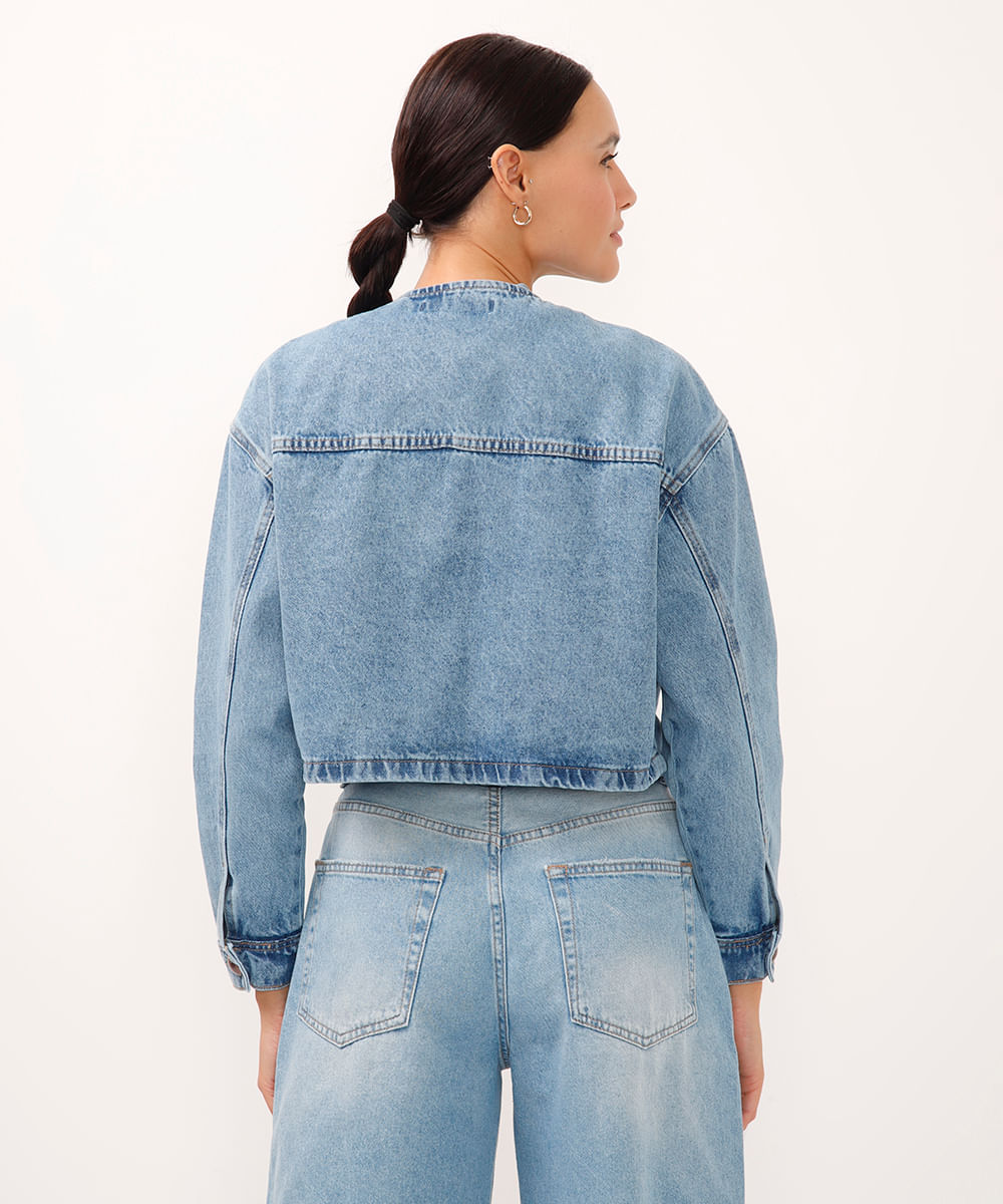 jaqueta cropped jeans decote redondo azul