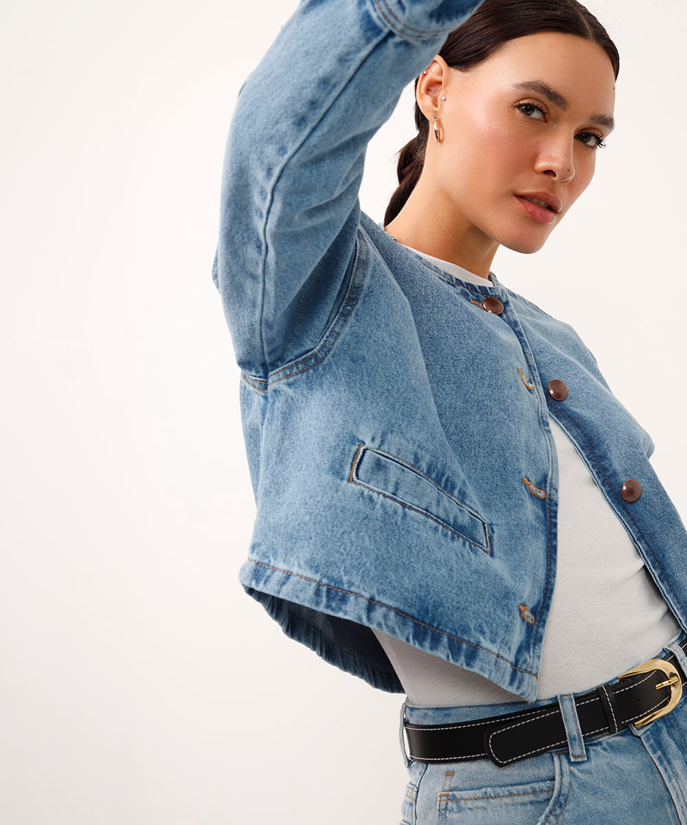 jaqueta cropped jeans decote redondo azul