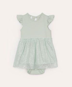 body infantil com saia de tule brilho verde