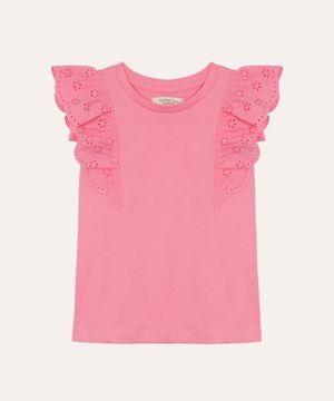 blusa de algodão infantil com babado de laise rosa