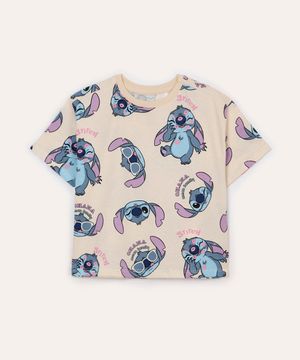 blusa de algodão infantil stitch manga curta bege