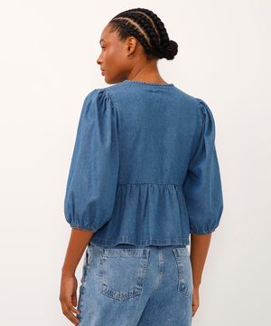 blusa jeans manga bufante com laços azul