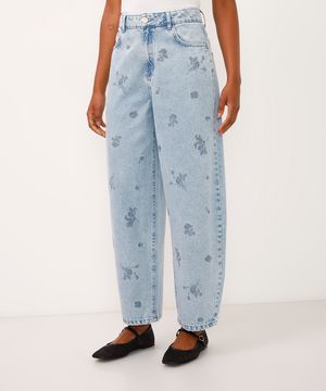 calça baggy jeans cintura média com bordado floral azul