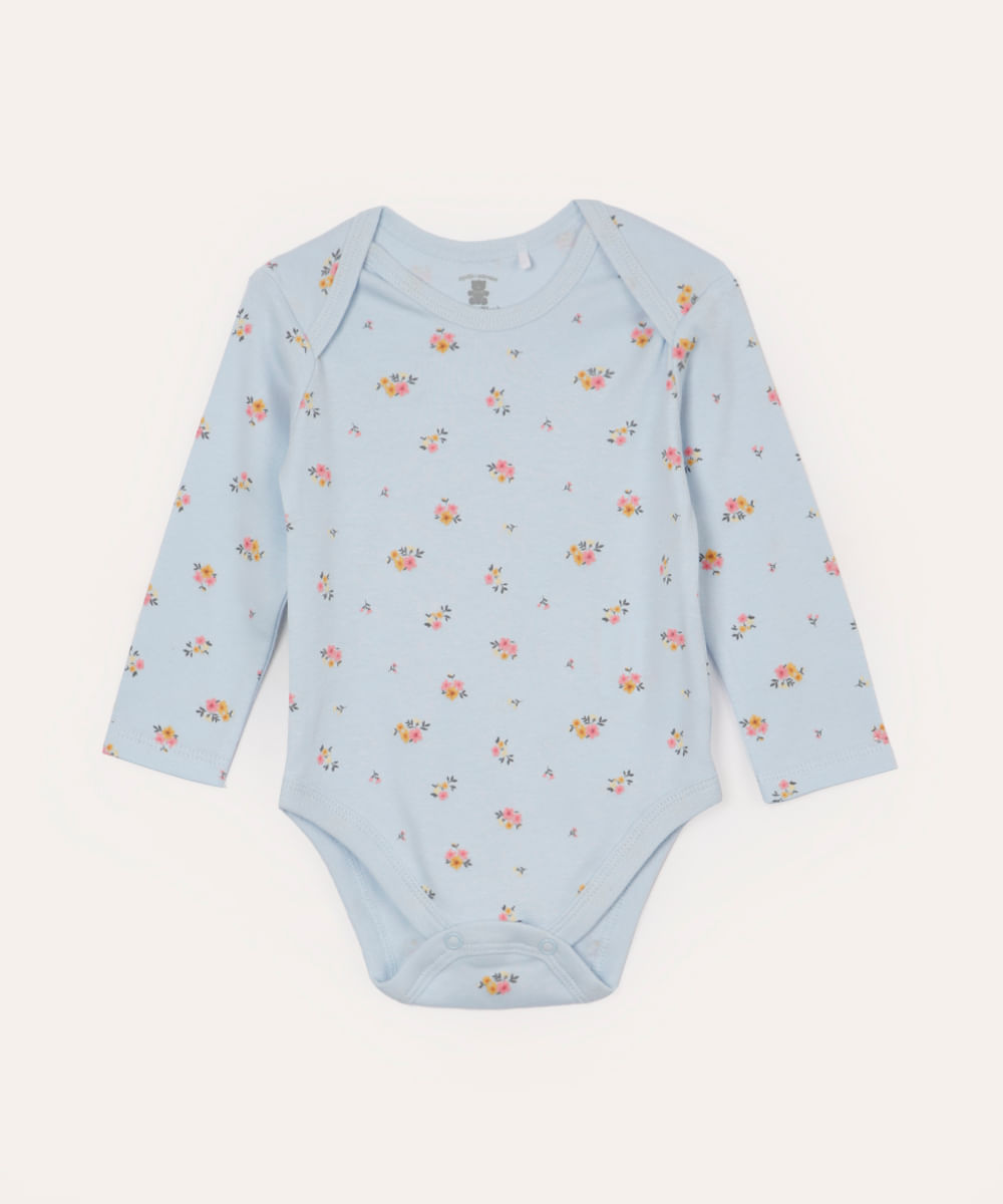 body infantil de algodão floral manga longa - azul
