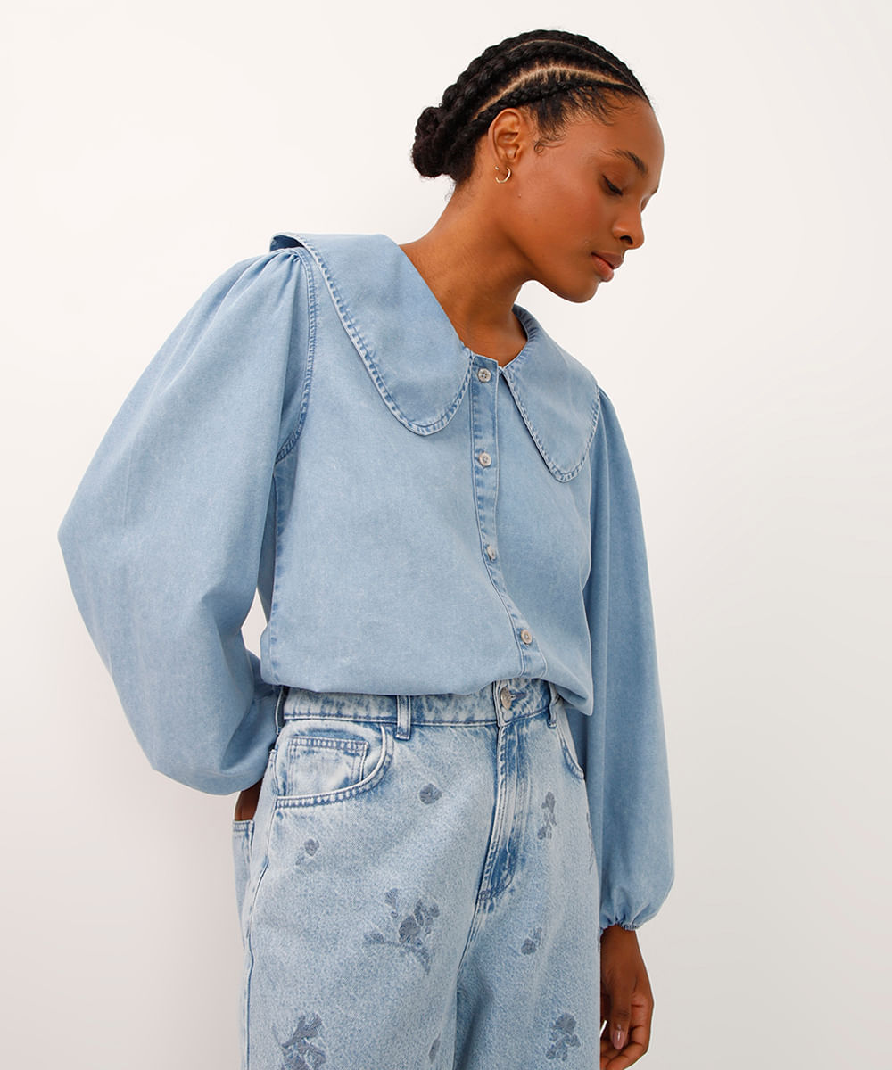 camisa jeans gola boneca manga bufante azul