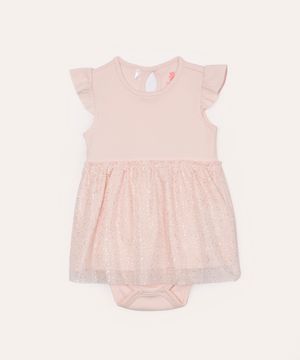 body infantil com saia de tule brilho rosa