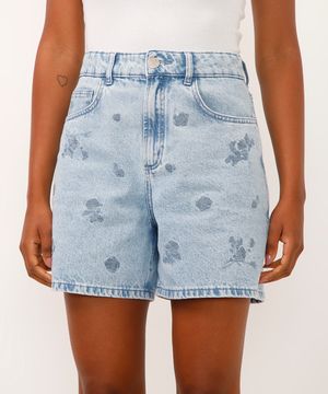 bermuda mom jeans cintura alta com borbado floral azul