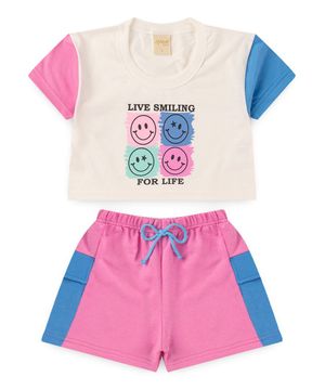 Conjunto Verão Menina Natural Cropped E Shorts Com Lapela Live Smiling For Life