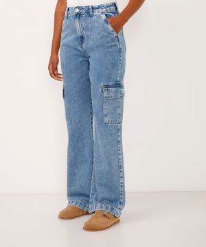 calça jeans wide leg slim cargo cintura alta azul