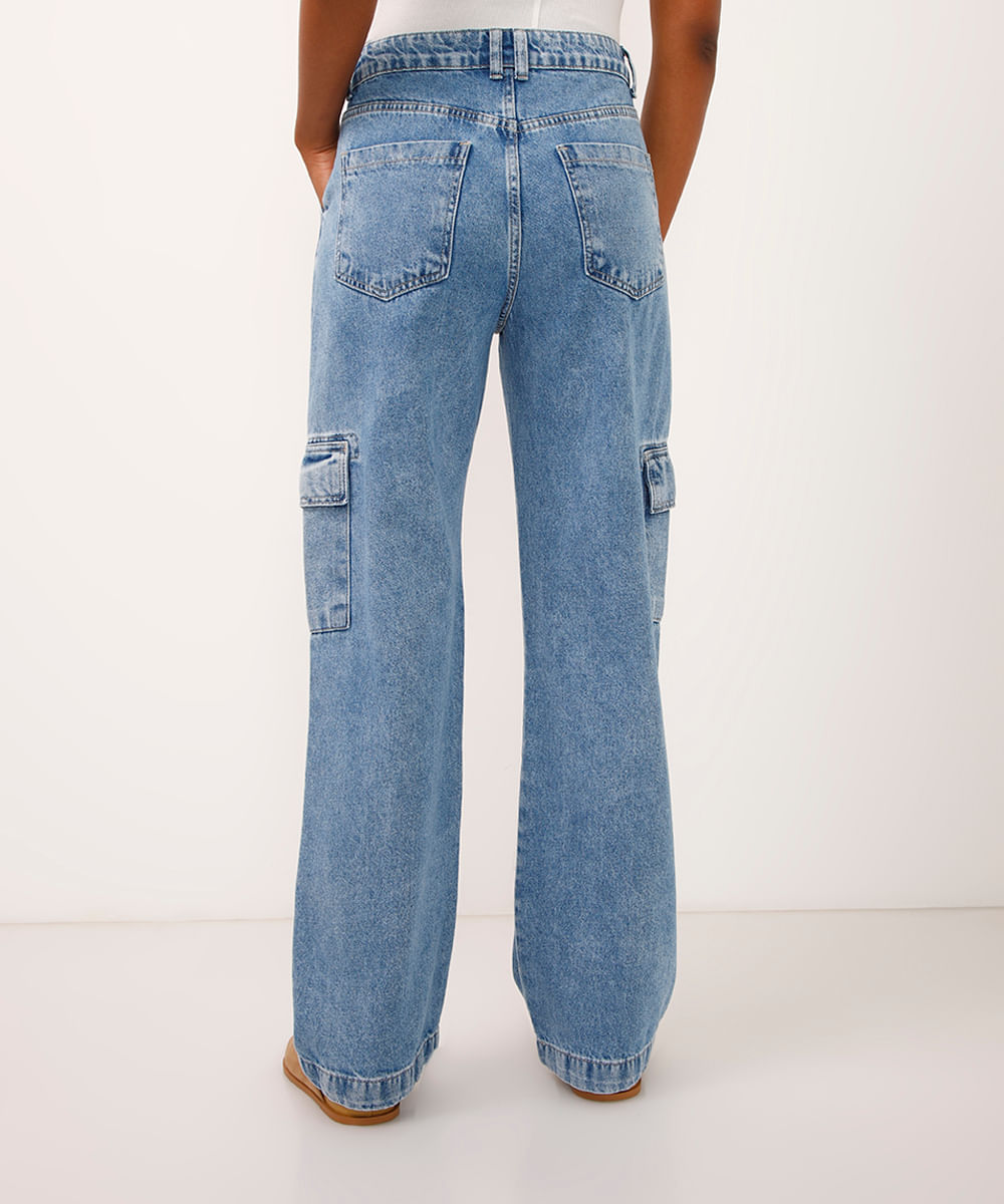 calça jeans wide leg slim cargo cintura alta azul