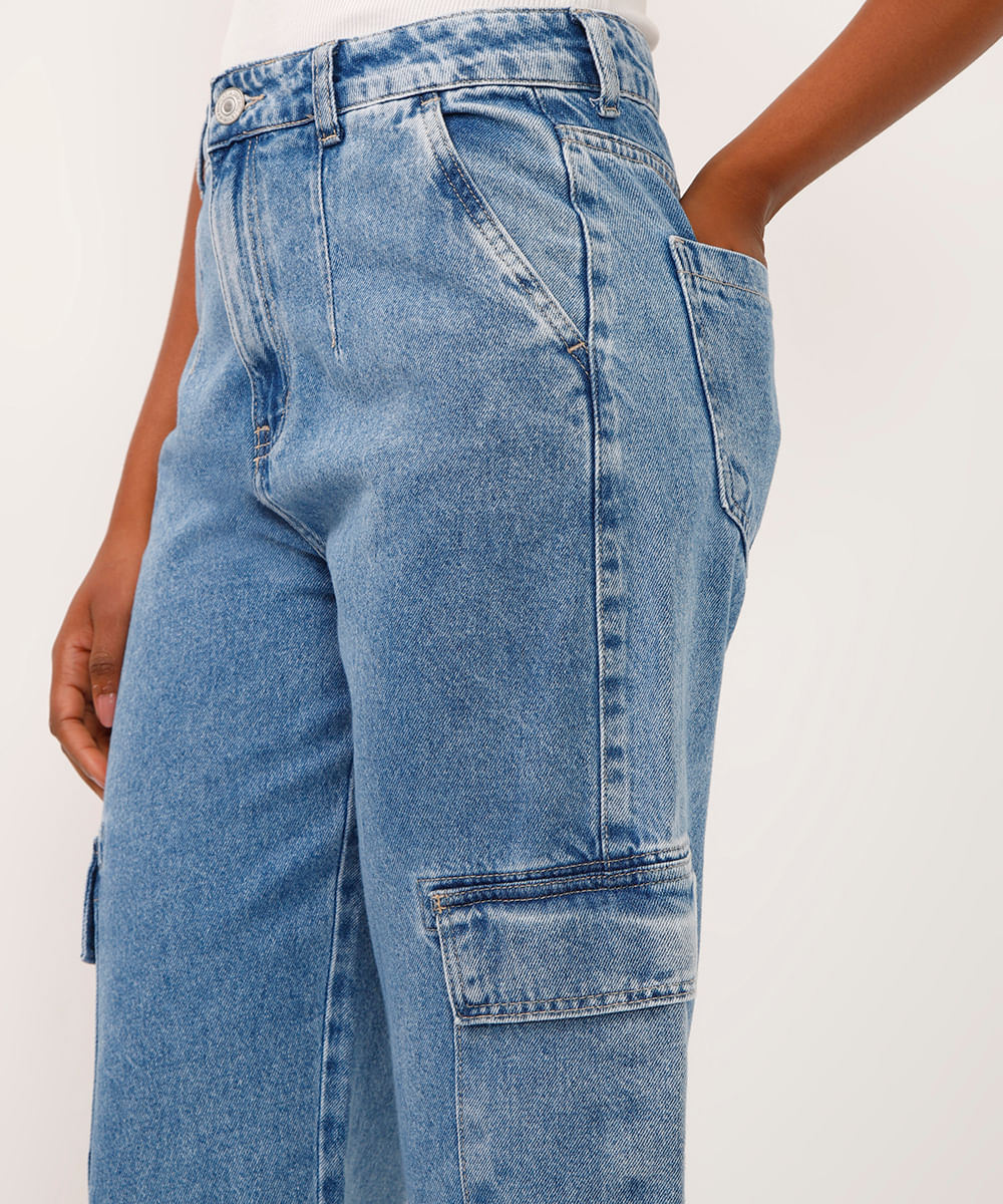 calça jeans wide leg slim cargo cintura alta azul