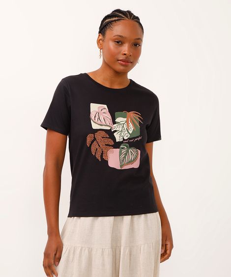 camiseta de algodão folhagem real not perfect preta