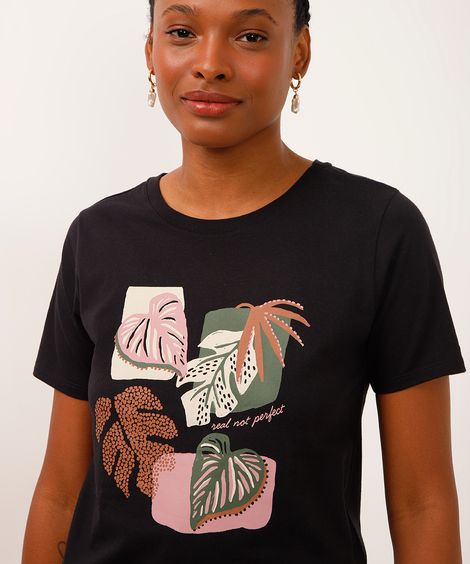 camiseta de algodão folhagem real not perfect preta