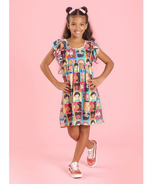 Vestido Infantil  Verde tido Menina Com Manga Babado Rostinhos Felizes