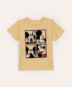 camiseta infantil de algodão mickey flocado manga curta amarelo