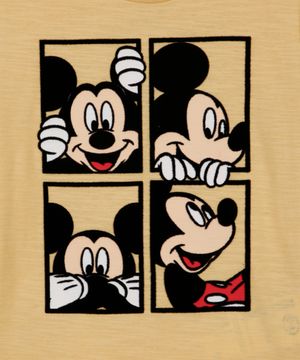 camiseta infantil de algodão mickey flocado manga curta amarelo