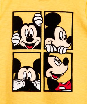 camiseta infantil de algodão mickey flocado manga curta amarelo