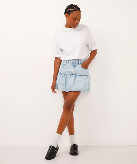 saia curta balonê jeans cintura alta azul