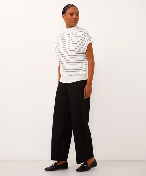 calça wide leg cropped de alfaiataria cós com elástico preta