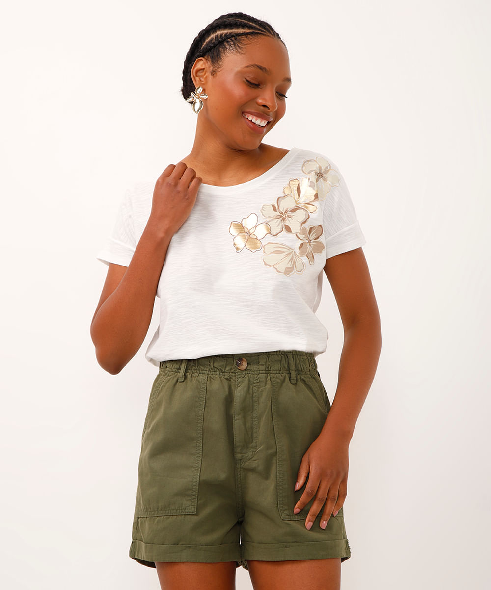 camiseta de algodão manga curta floral metalizada off white