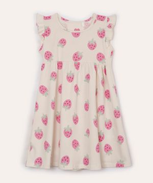 vestido infantil de algodão morangos bege