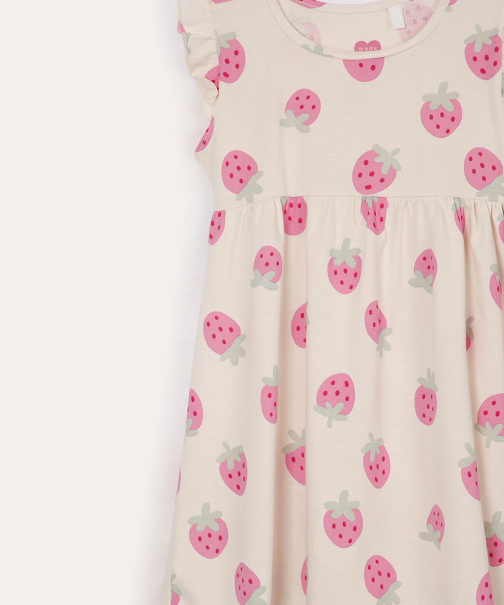vestido infantil de algodão morangos bege