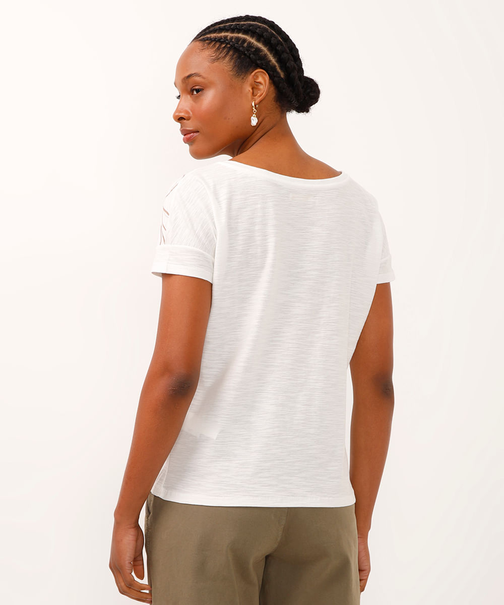 camiseta de algodão manga curta folhagem metalizada off white