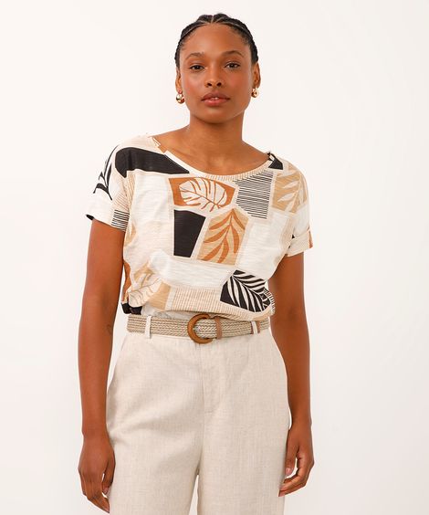 camiseta de algodão manga curta floral bege