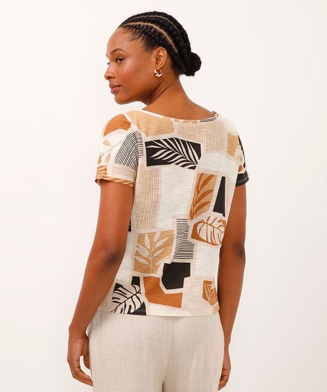 camiseta de algodão manga curta floral bege