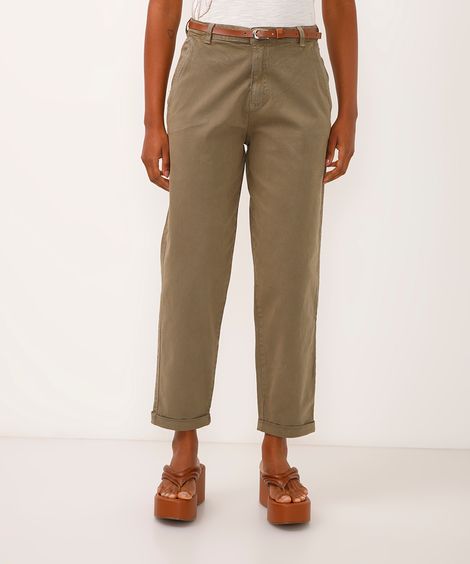 calça carrot de sarja cintura alta com cinto verde