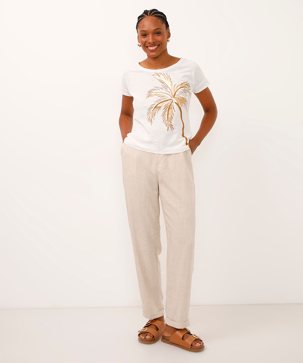 camiseta de algodão manga curta coqueiro metalizado off white