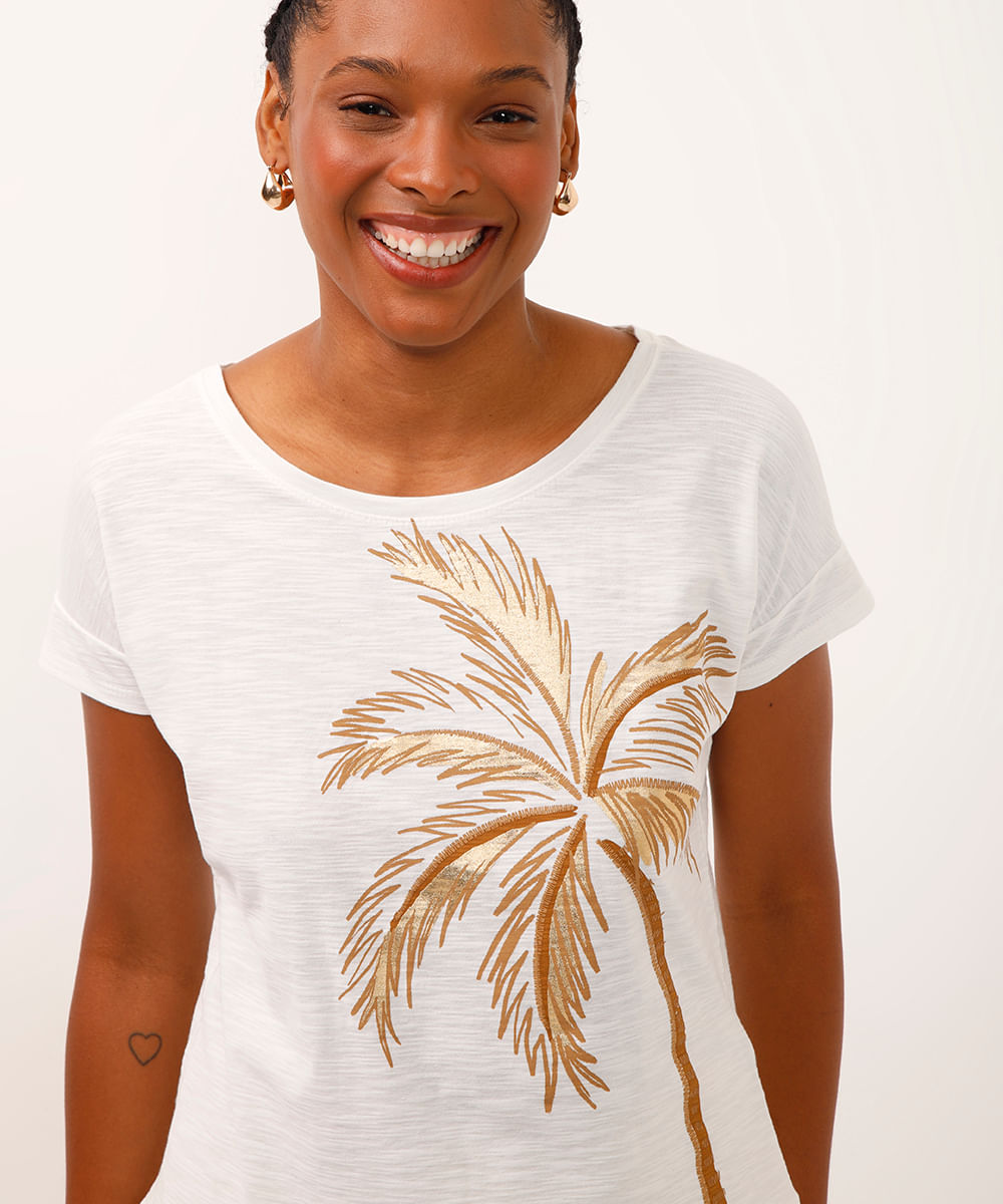 camiseta de algodão manga curta coqueiro metalizado off white
