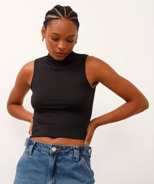 cropped long de poliamida cavado preto