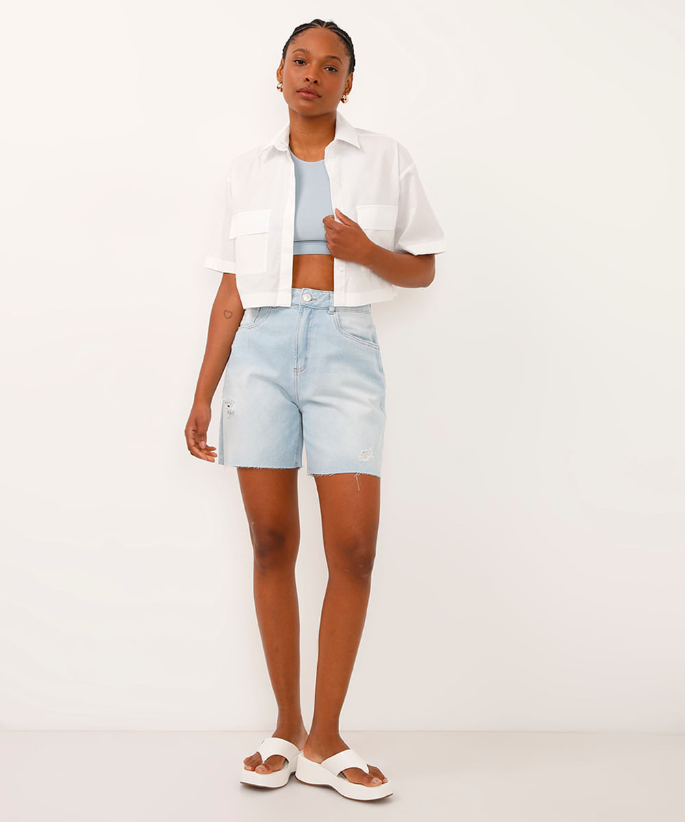 bermuda mom jeans cintura média destroyed - jeans claro