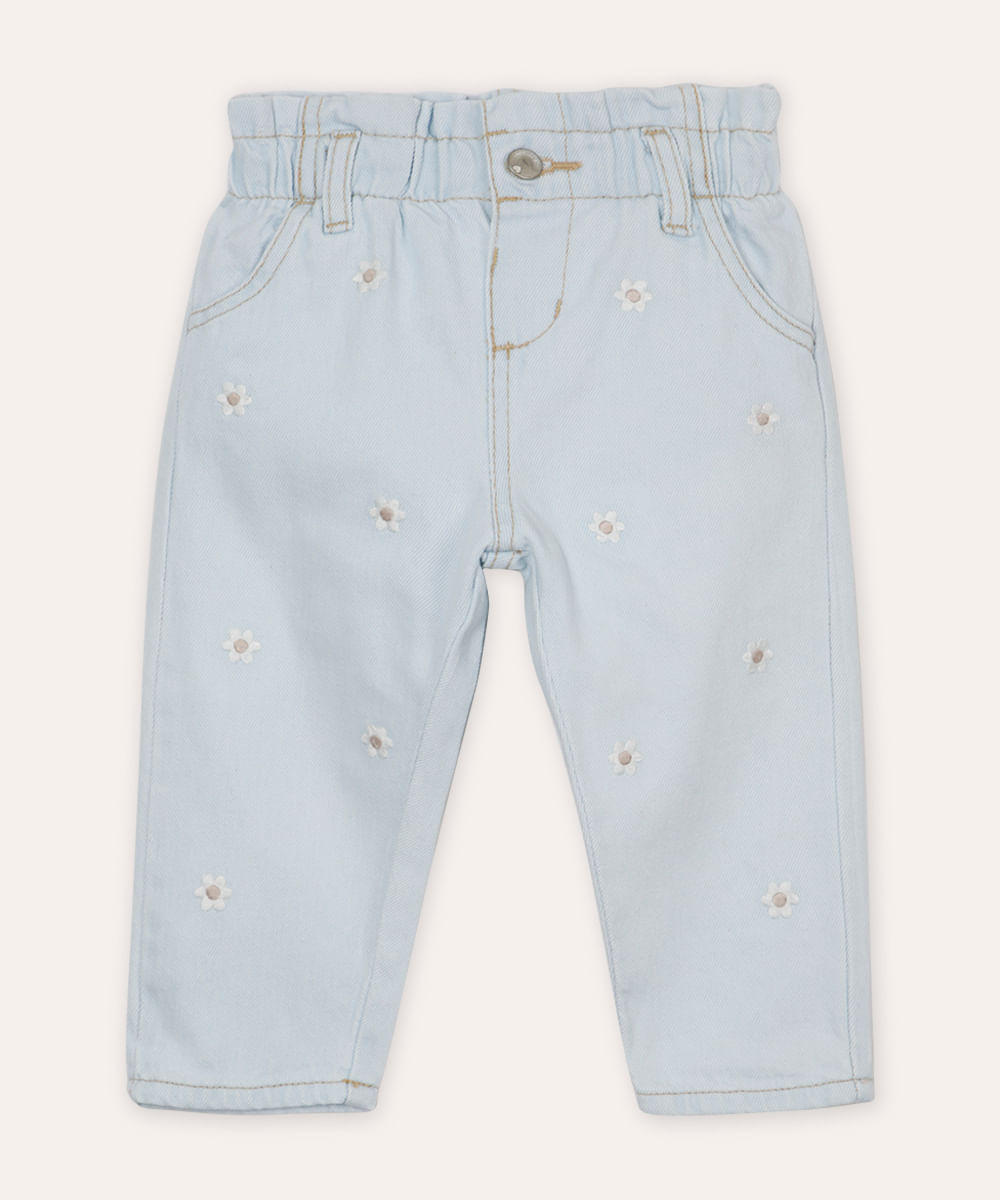 calça jeans infantil clochard bordado floral azul