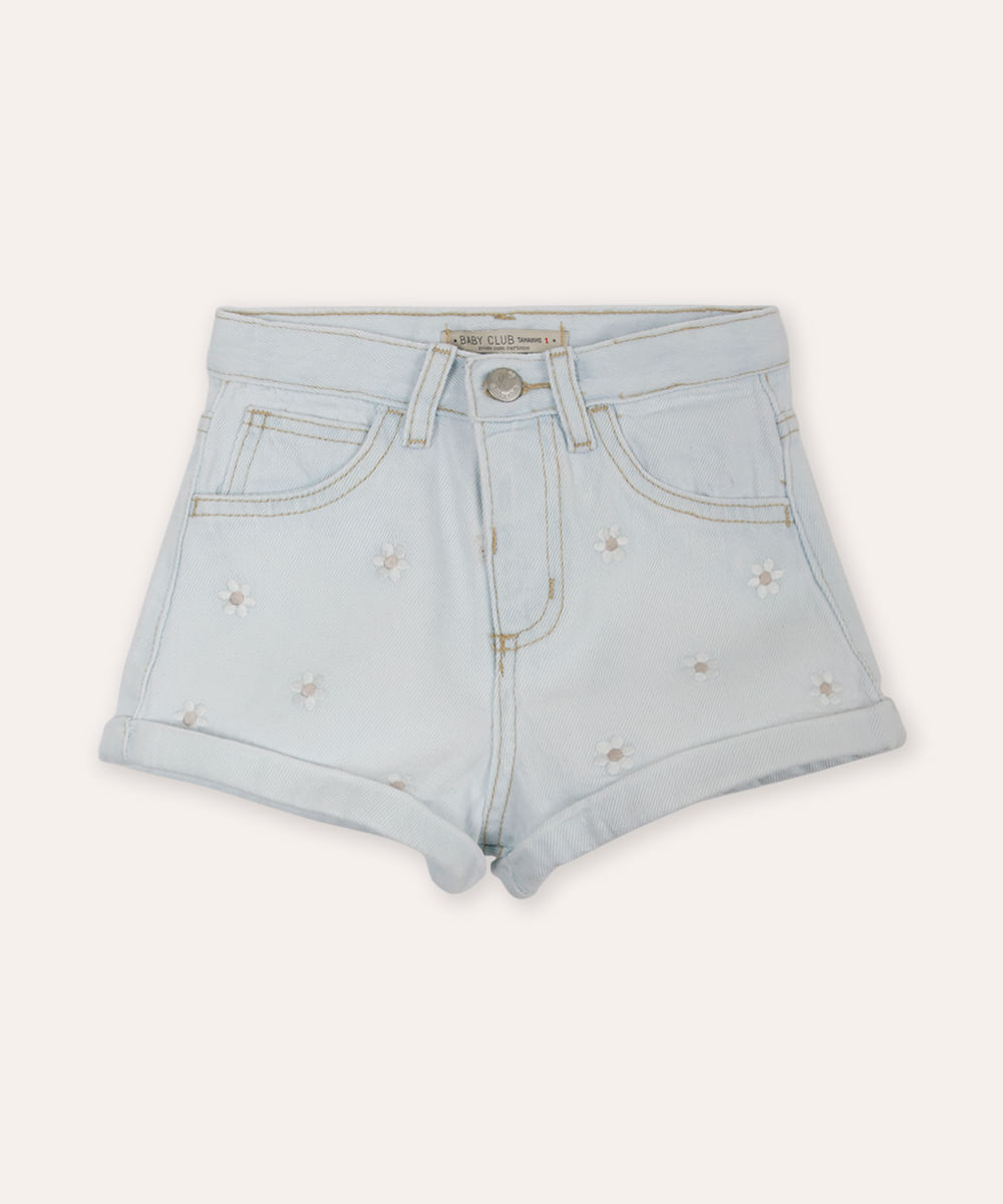 short jeans infantil bordado floral azul