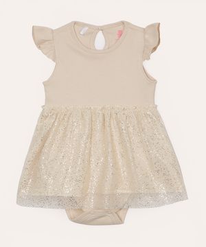 body infantil com saia de tule brilho bege