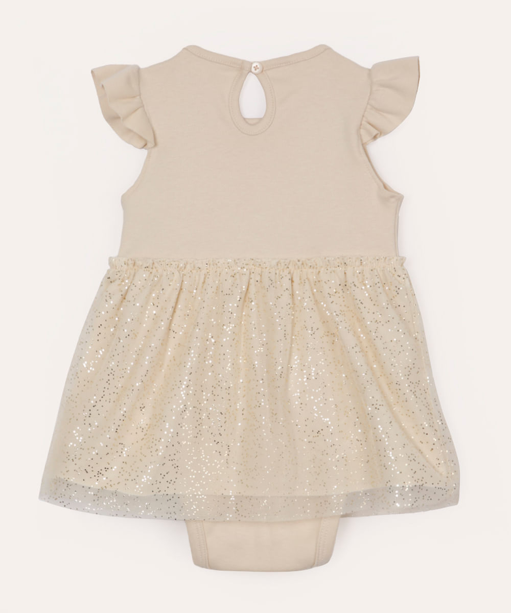body infantil com saia de tule brilho bege