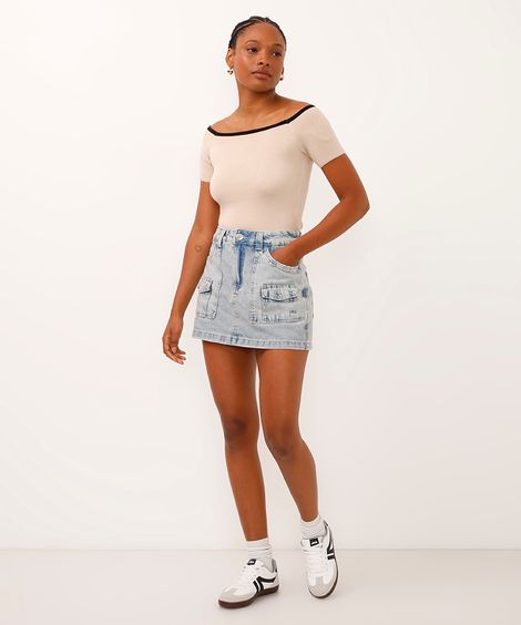 short saia jeans cintura alta com bolso cargo azul