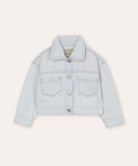 jaqueta jeans infantil bordado floral azul claro