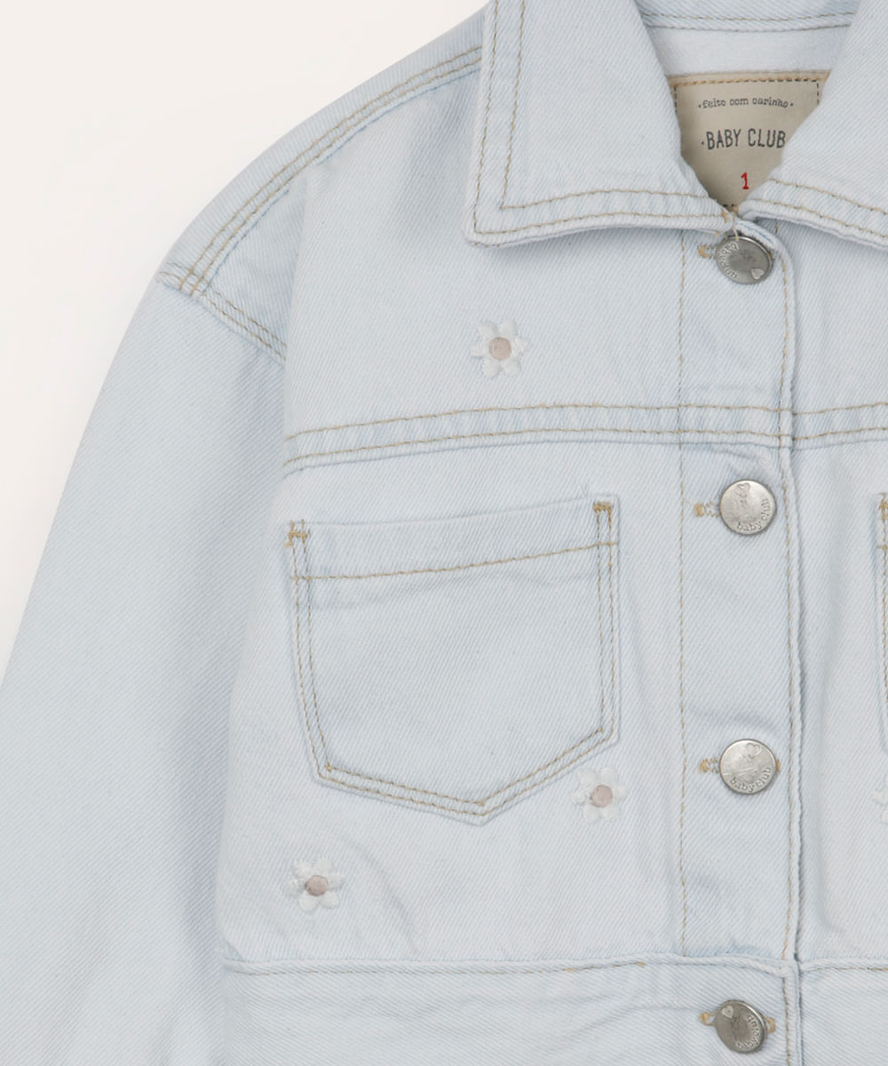 jaqueta jeans infantil bordado floral azul claro