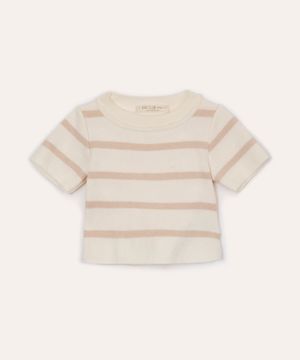 blusa infantil de tricot listrada manga curta bege