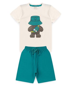 Conjunto Verão Menino Natural Camiseta E Bermuda Urso