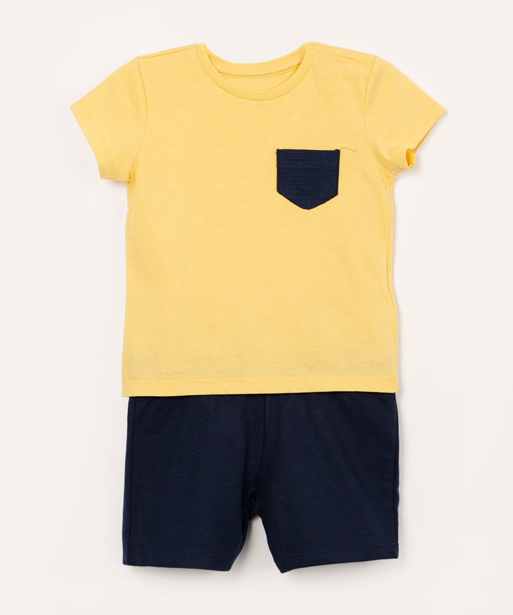 conjunto de algodão infantil manga curta com bolso azul marinho
